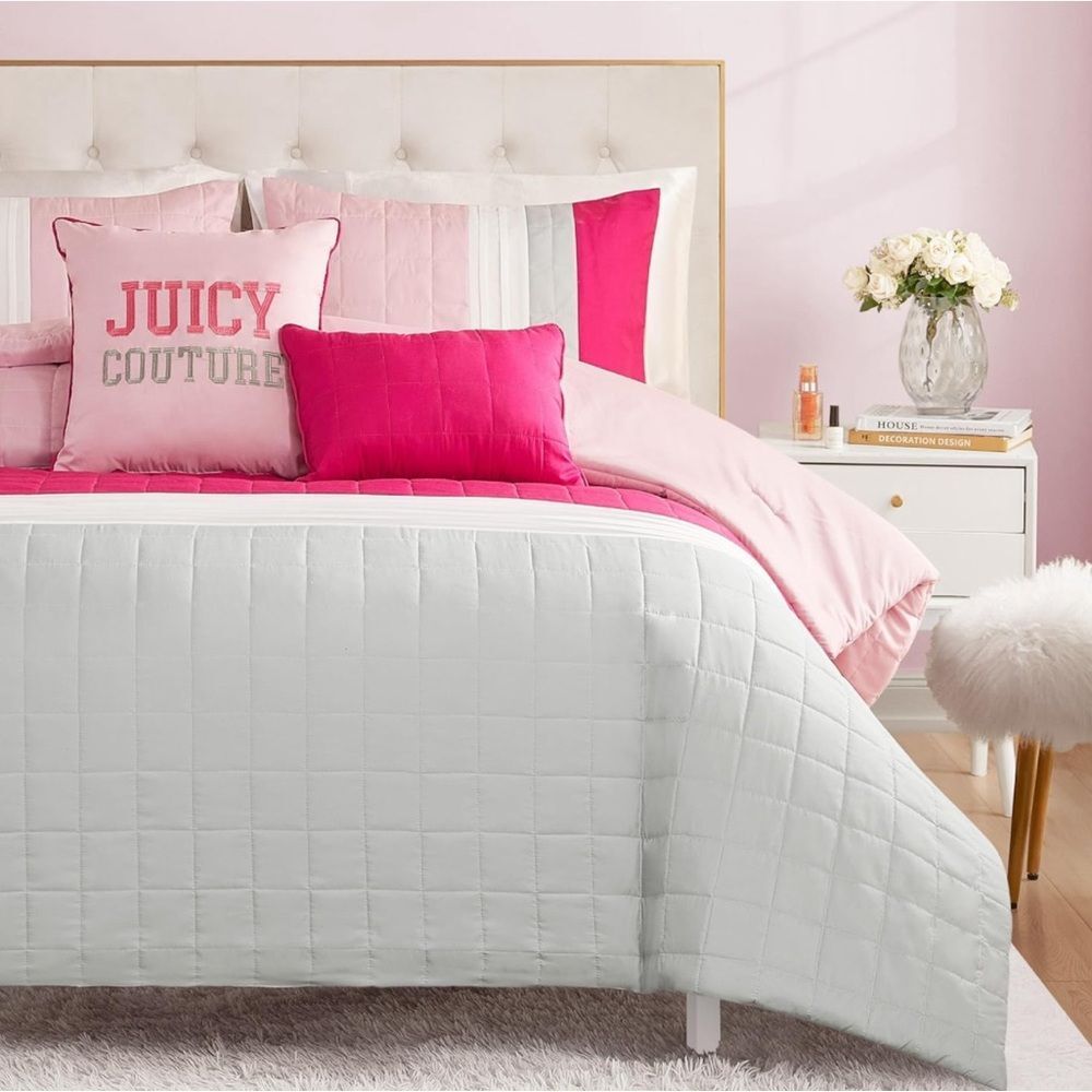 **SOLD** Juicy Couture Home 5PC Pink Gray Color Block Striped Comforter Bed Set - Picture 3 of 16